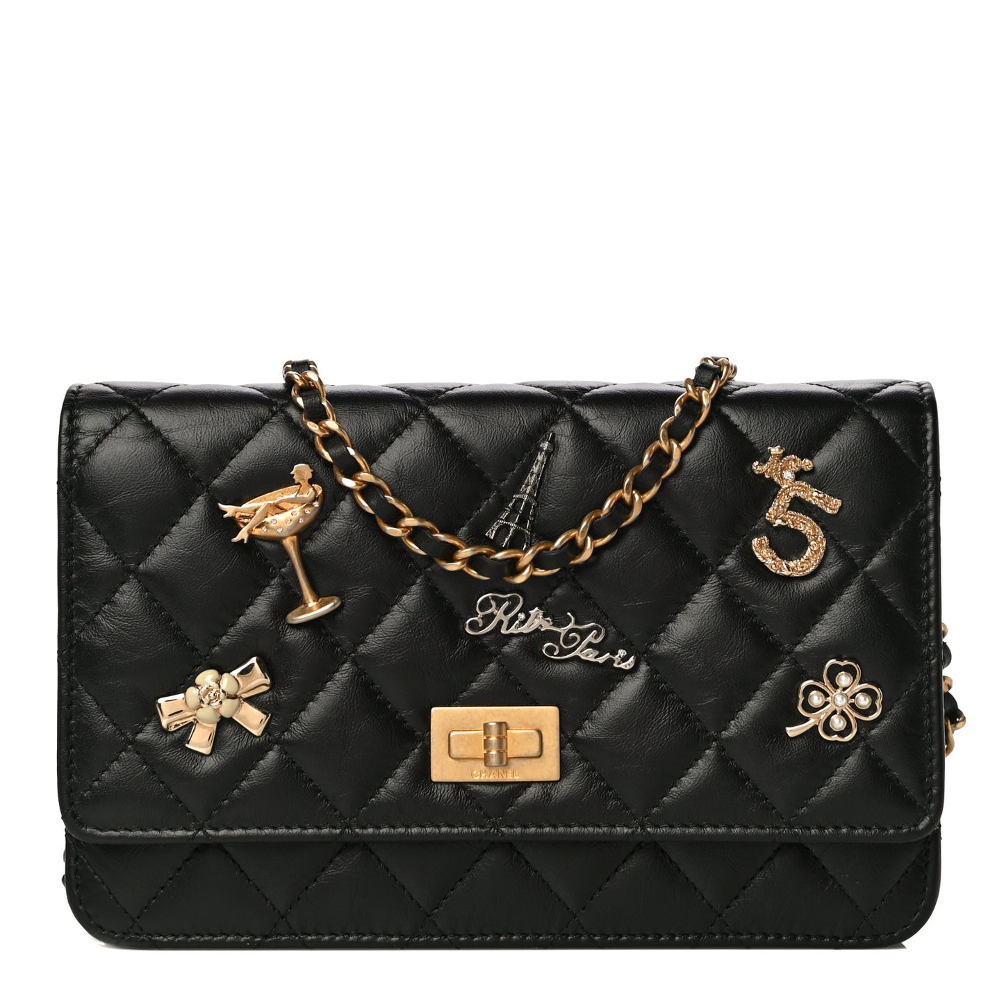 Aged Calfskin Quilted Lucky Charms 2.55 Reissue Wallet On Chain WOC Black