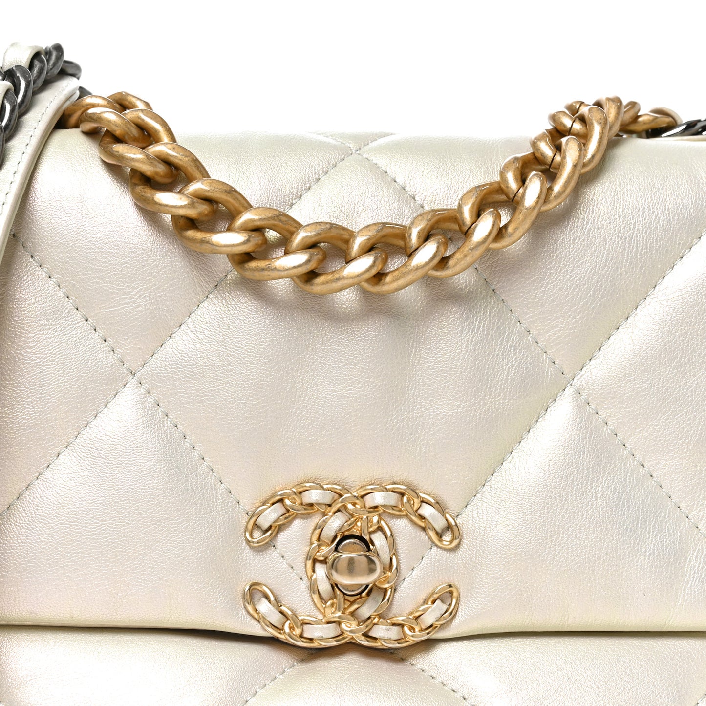 Iridescent Calfskin Quilted Medium Chanel 19 Flap White