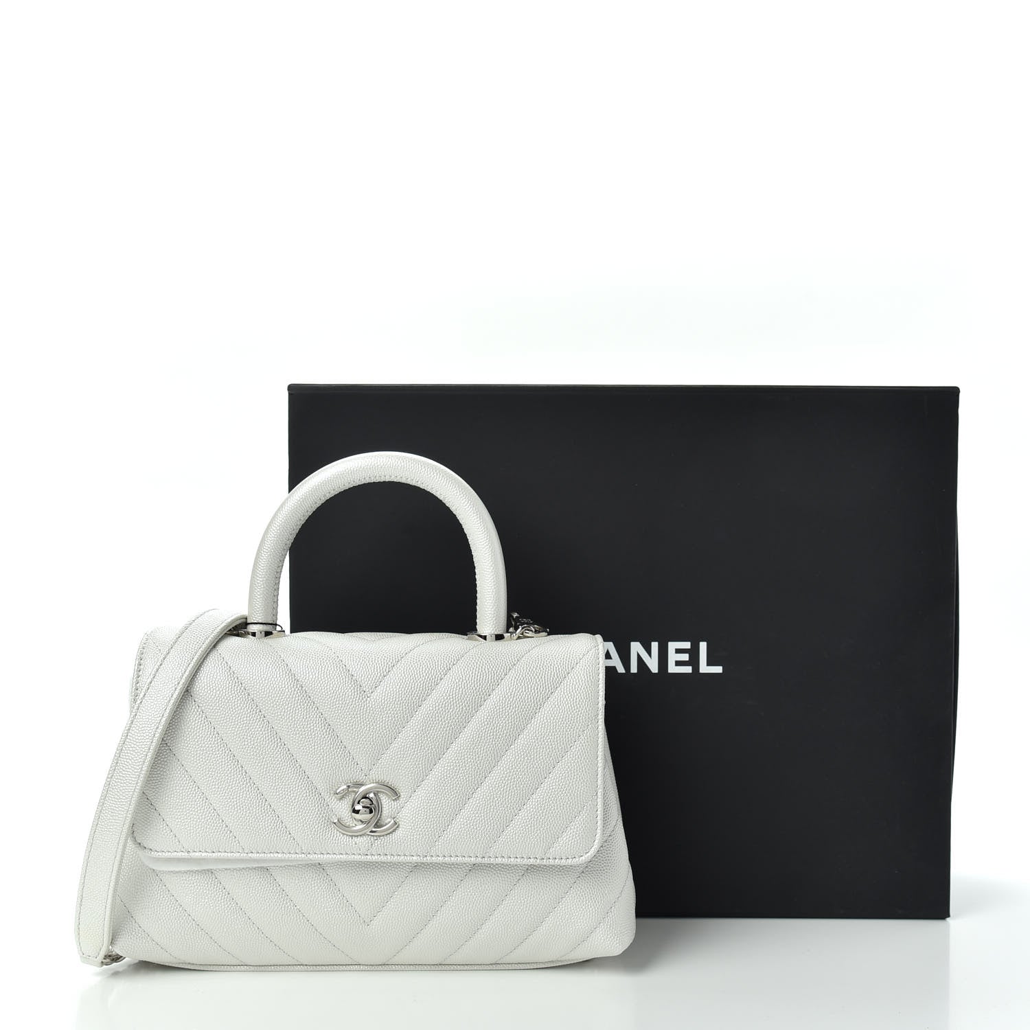 Chanel Iridescent Caviar Chevron Quilted Mini Coco Handle Flap White 10 of 10