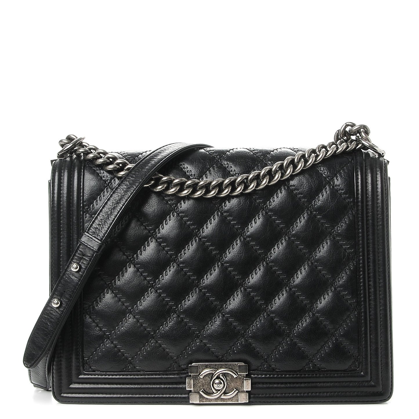 Calfskin Embossed Stitch Large Boy Flap Black