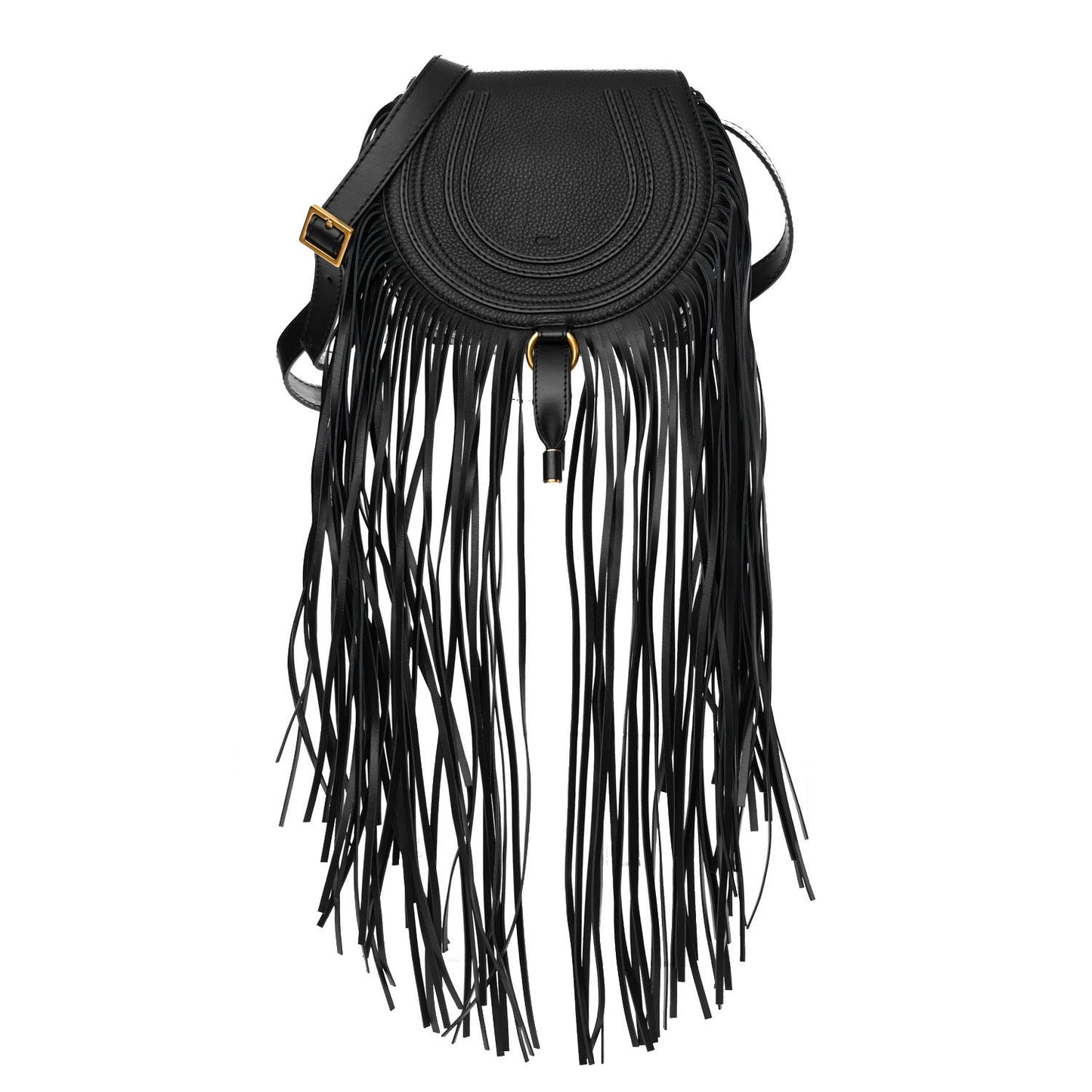 Calfskin Mini Marcie Round Fringe Crossbody Bag Black