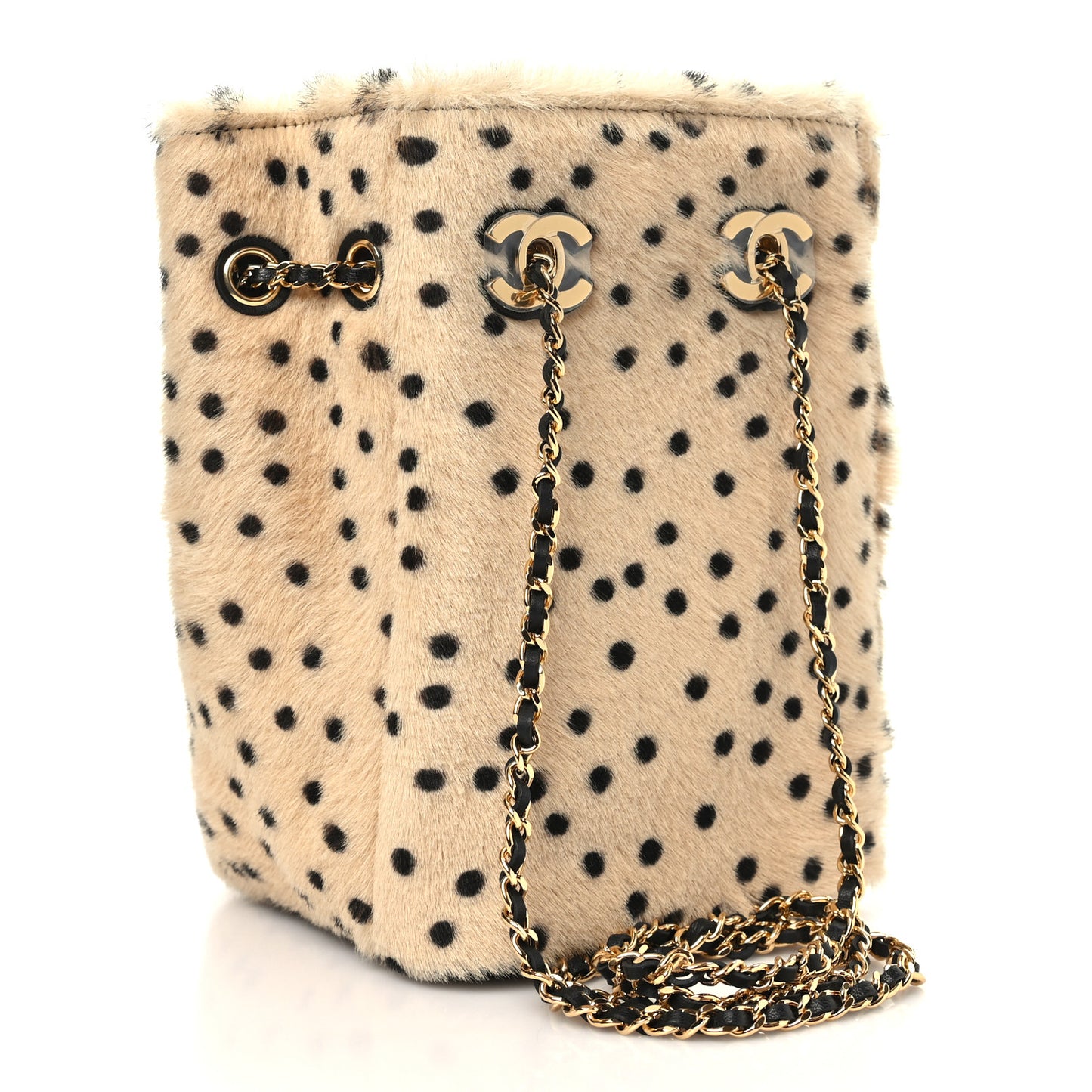 Pony Hair Cheetah Printed CC Chain Bucket Bag Light Beige Black