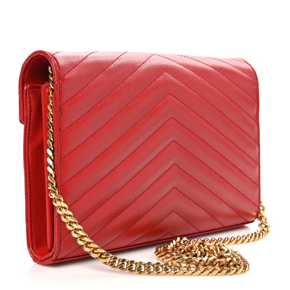 Saint Laurent Grain De Poudre Matelasse Chevron Monogram Chain Wallet Red 3 of 13
