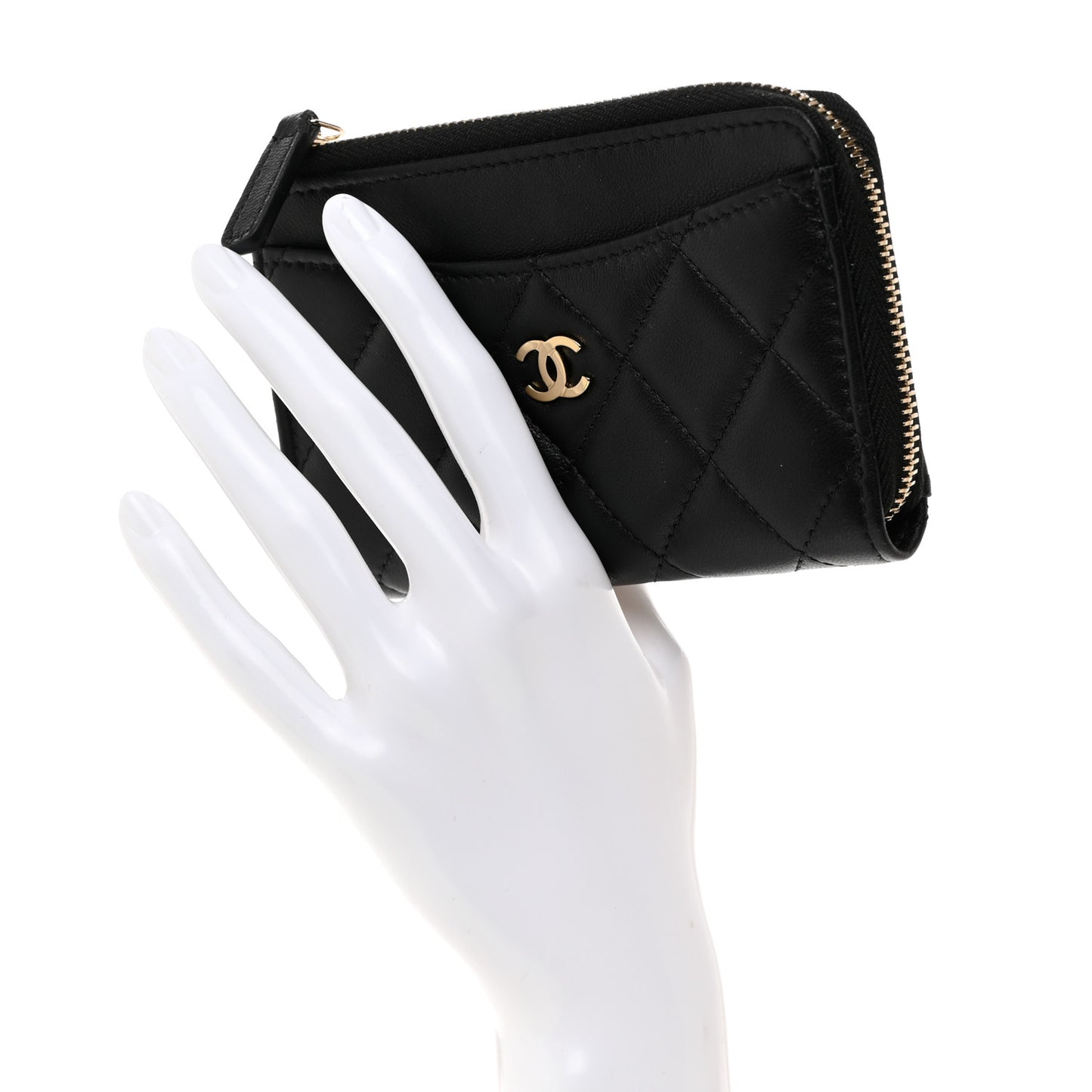 Lambskin Quilted Zip Card Holder Black