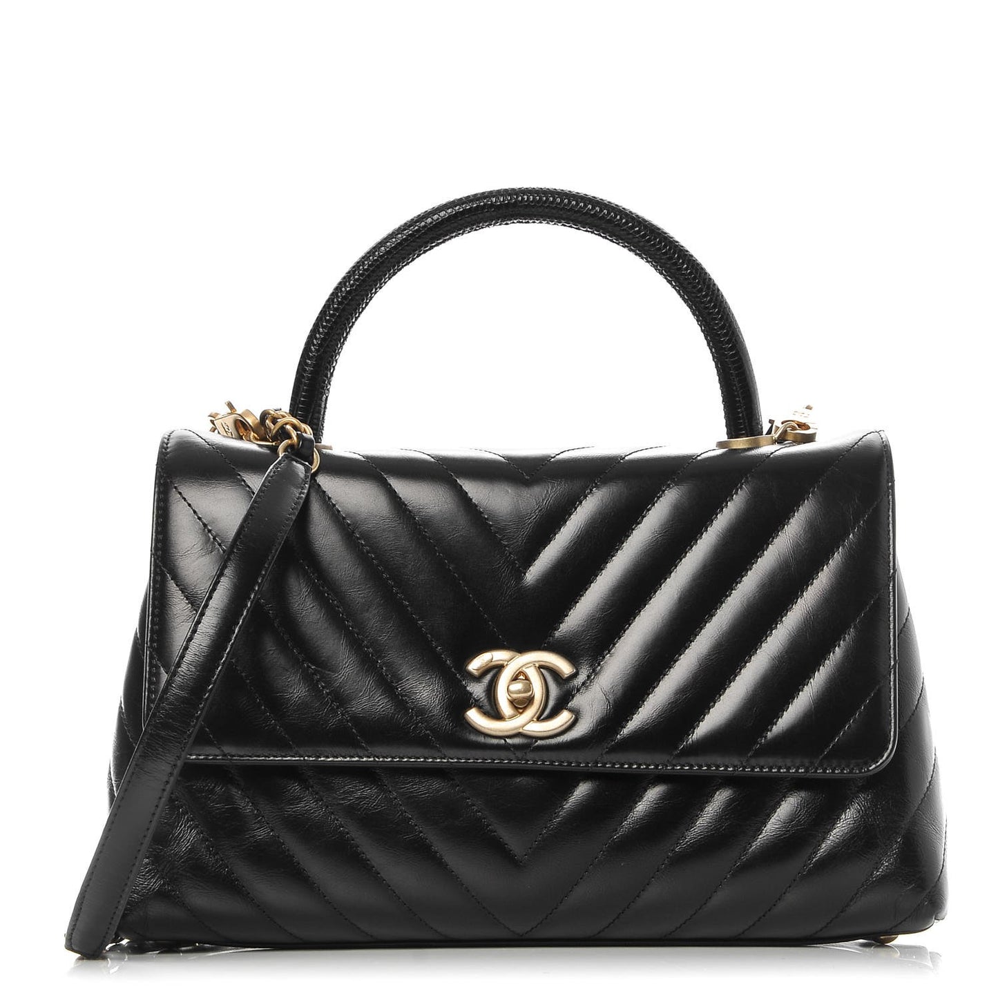 Calfskin Lizard Chevron Quilted Small Coco Handle Flap Black