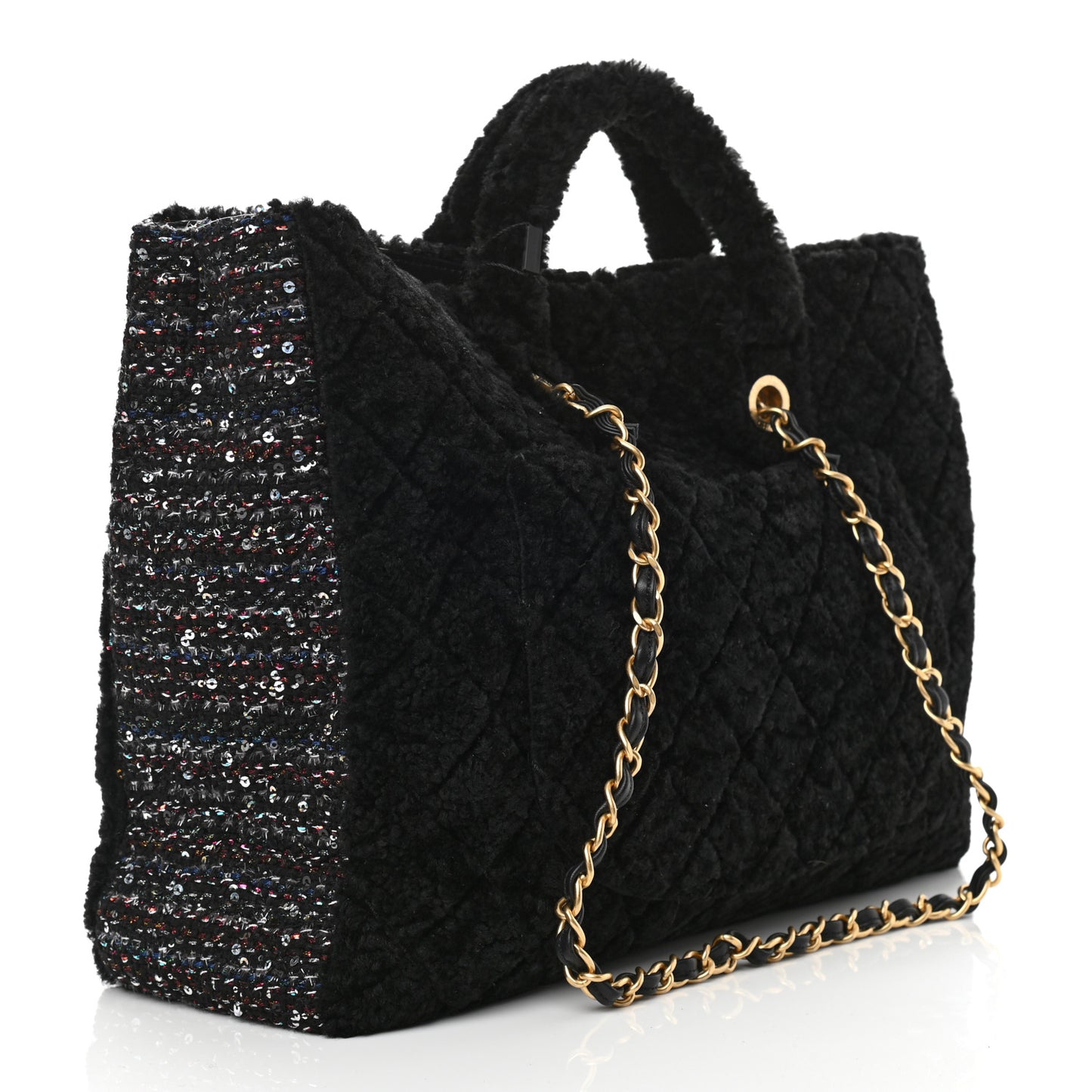 Shearling Sequin Tweed Shopper Tote Black