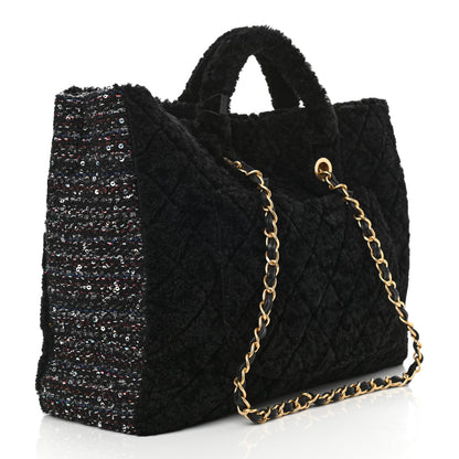 Chanel Shearling Sequin Tweed Shopper Tote Black 3 of 10