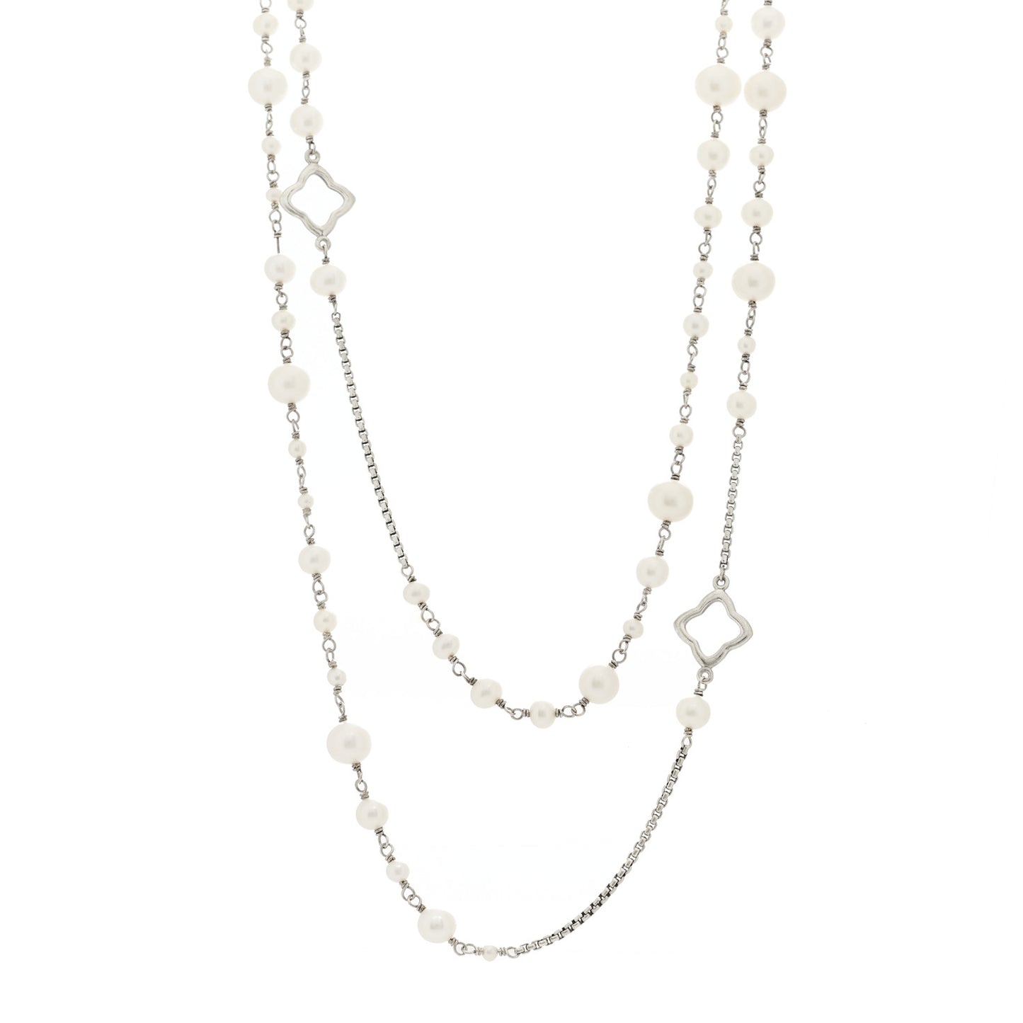 Sterling Silver Cultured Pearl Quatrefoil Long Chain Necklace