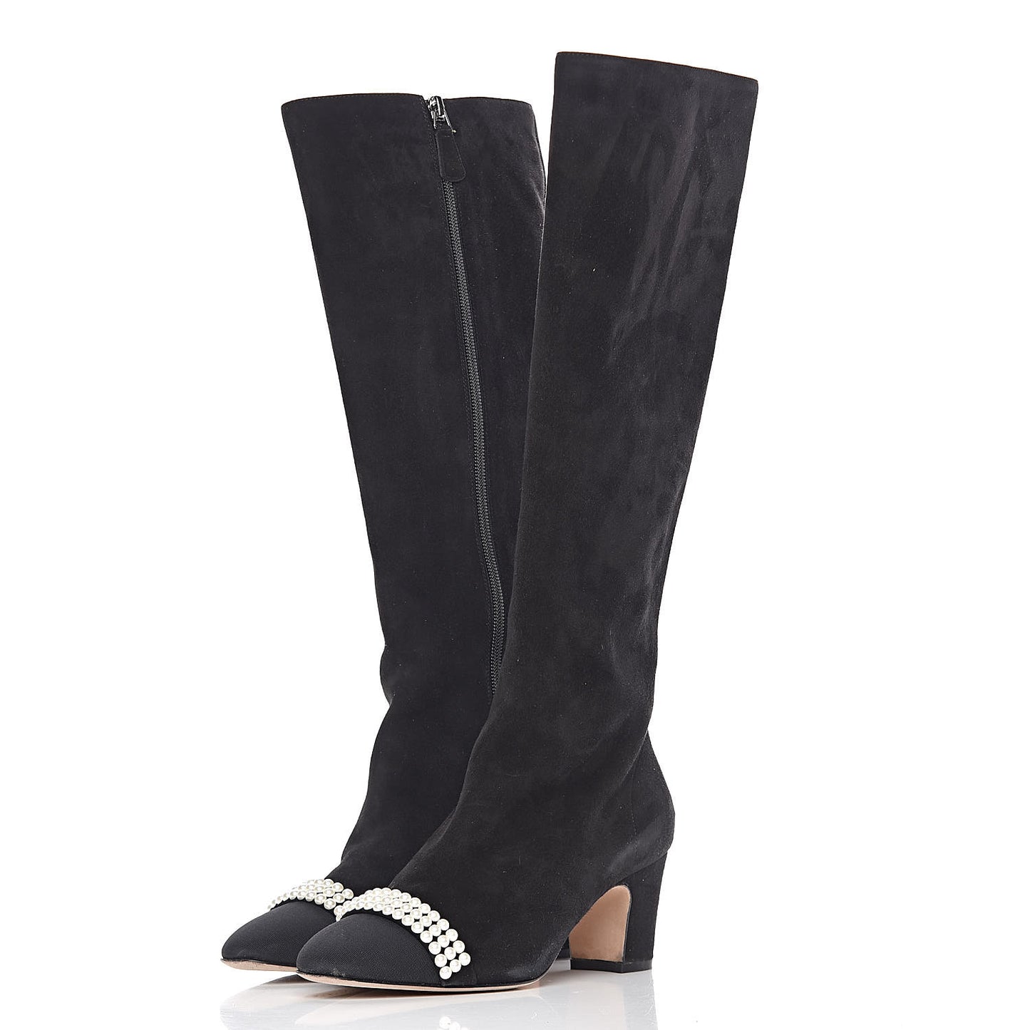 Suede Grosgrain Pearl CC Cap Toe High Boots 37 Black
