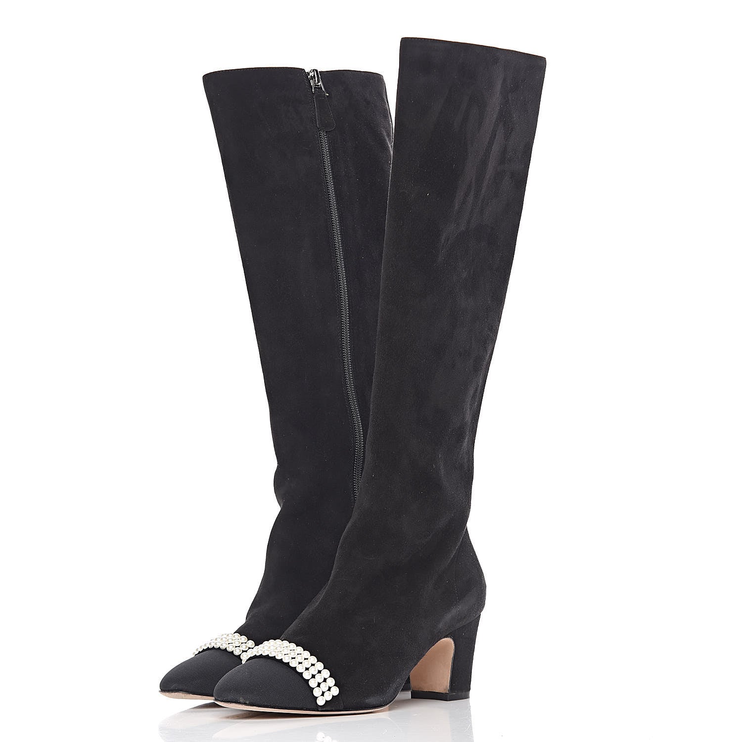 Chanel Suede Grosgrain Pearl CC Cap Toe High Boots 37 Black 3 of 17