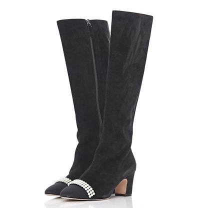 Chanel Suede Grosgrain Pearl CC Cap Toe High Boots 37 Black 3 of 17