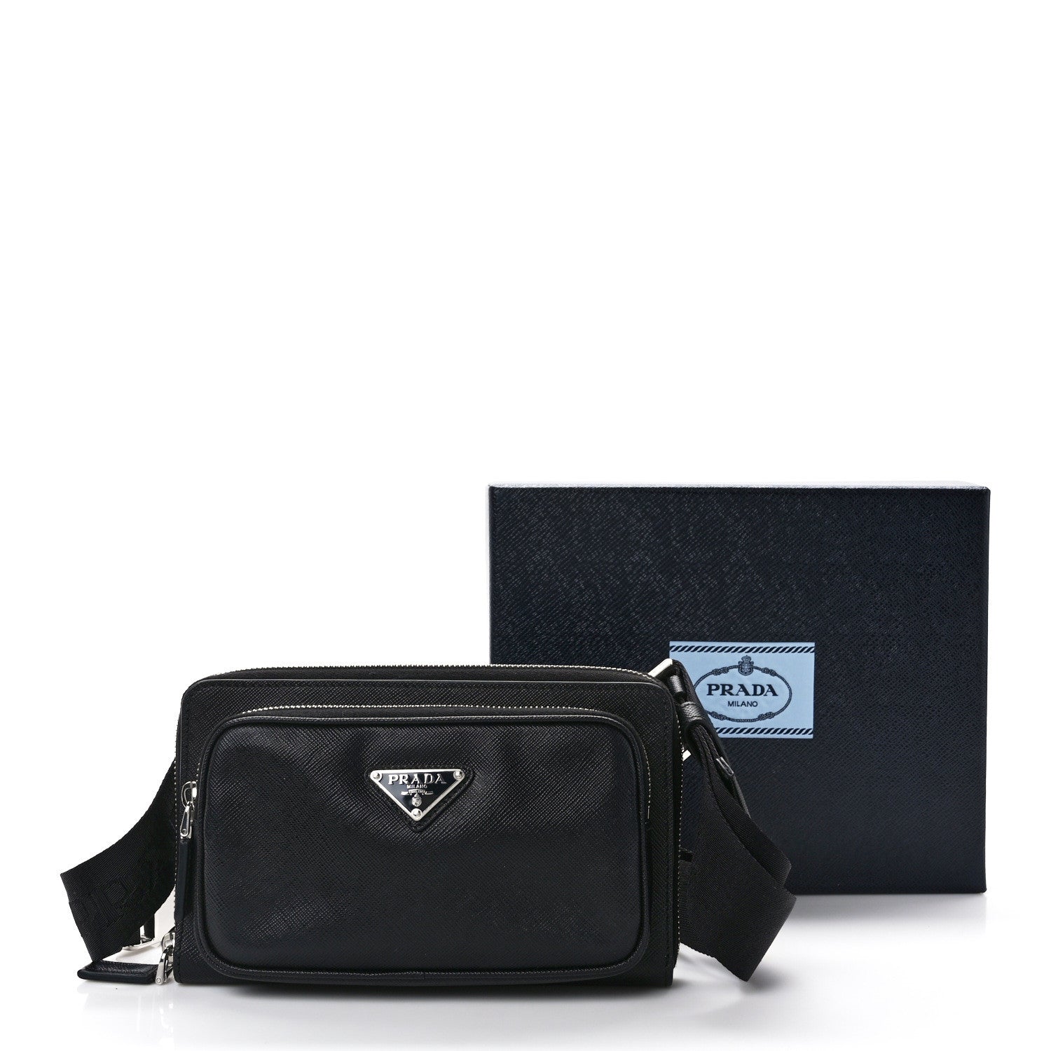 Prada Saffiano Travel Double Zip Crossbody Belt Bag Black 14 of 14