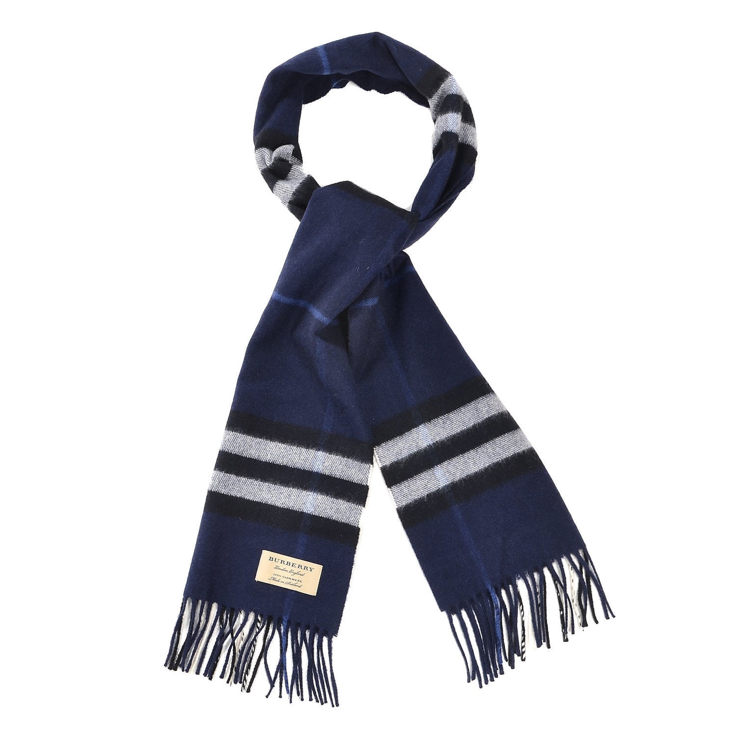 Cashmere Giant Check Fringe Scarf Indigo Blue