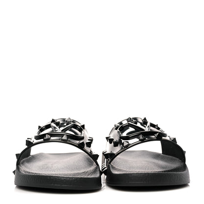 Valentino Garavani Patent Rubber Mens Rockstud VLogo Slide Sandals 40 Black 2 of 7