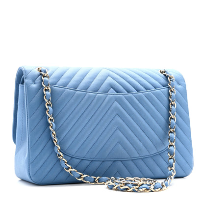 Chanel Caviar Flat Chevron Quilted Jumbo Double Flap Blue 3 of 10