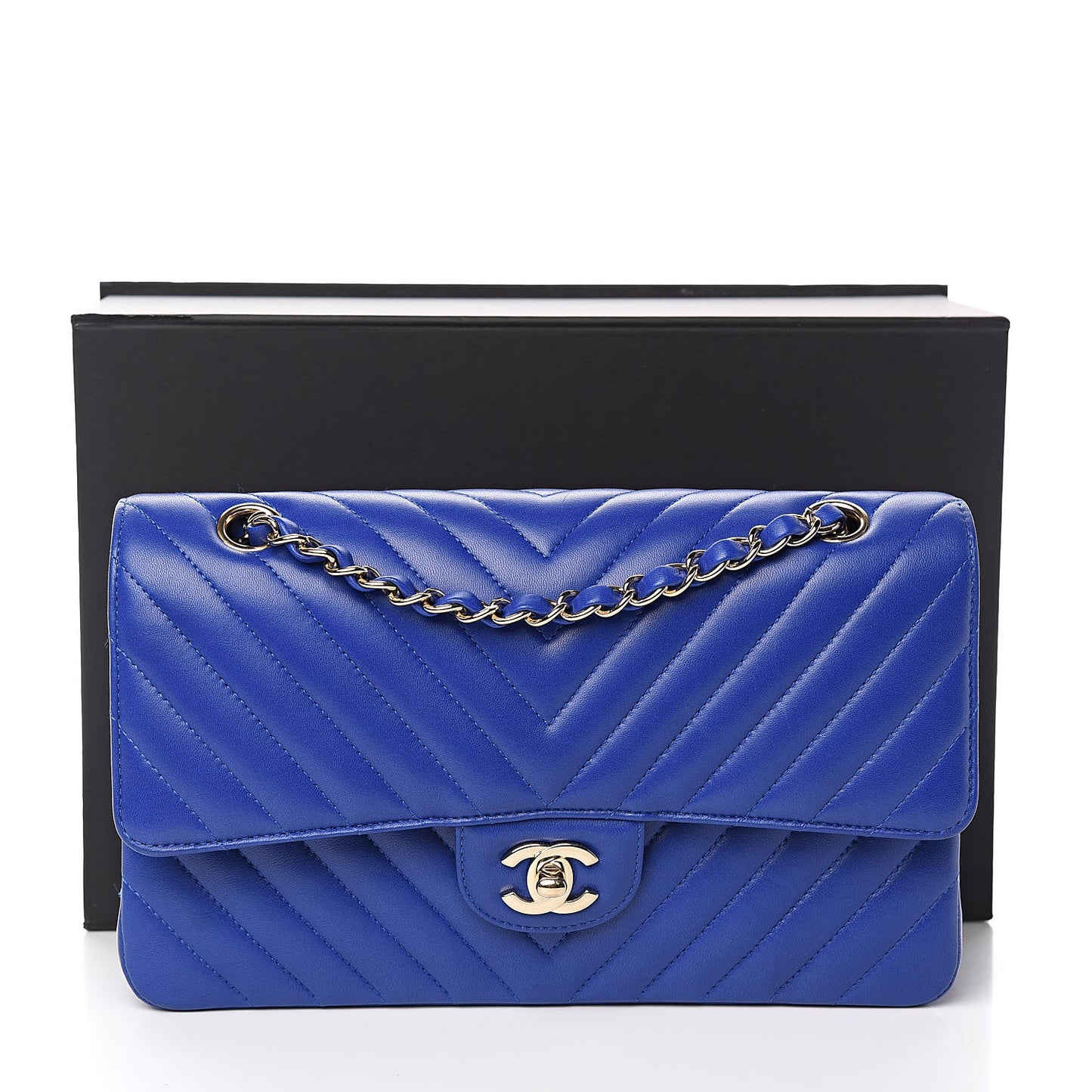 Lambskin Chevron Quilted Medium Double Flap Blue