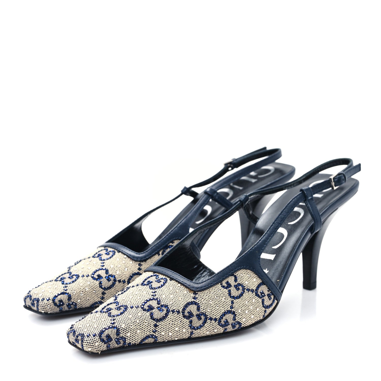 Gucci GG Monogram Malaga Kid Crystal Square G 75mm Slingback Pumps 37 Beige Blue 3 of 9