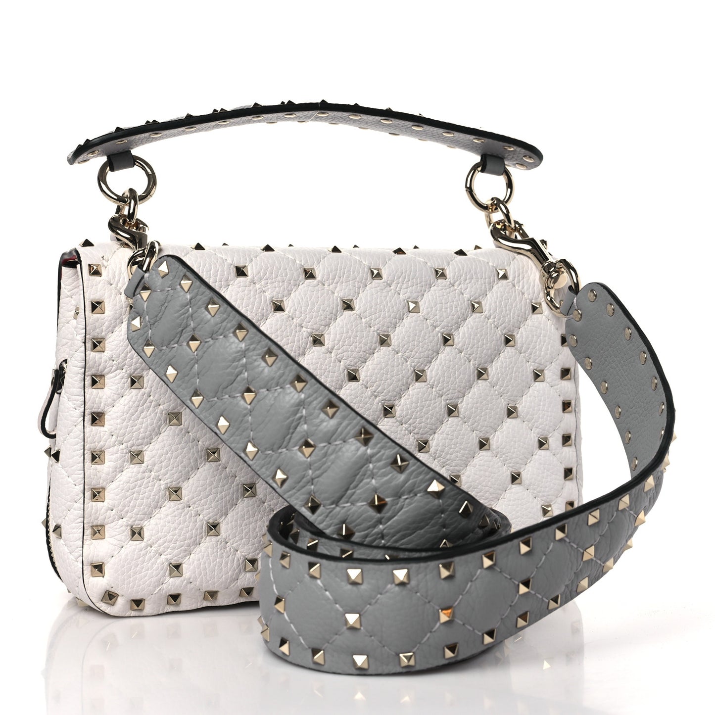 Grained Calfskin Medium Rockstud Spike Shoulder Bag White Grey