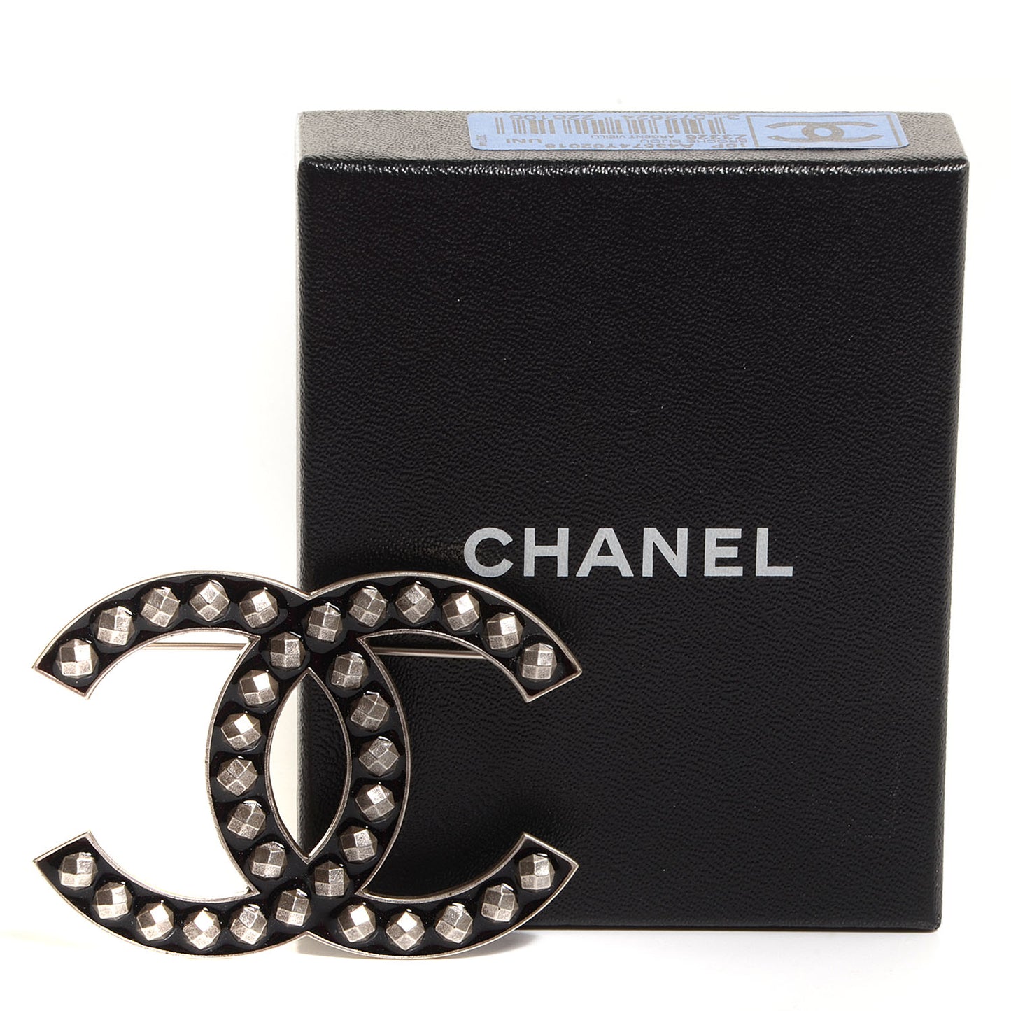 Studded Resin Large CC Pin Brooch Black