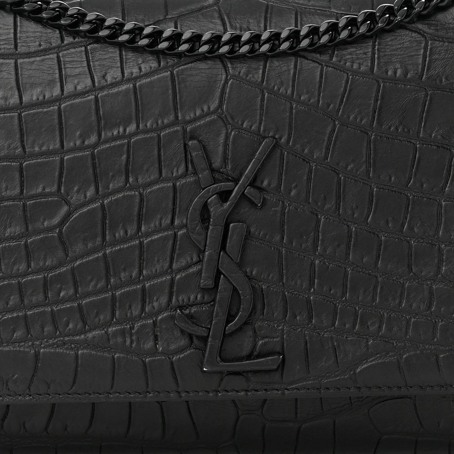 Calfskin Crocodile Embossed Medium Classic Monogram Kate Satchel Black