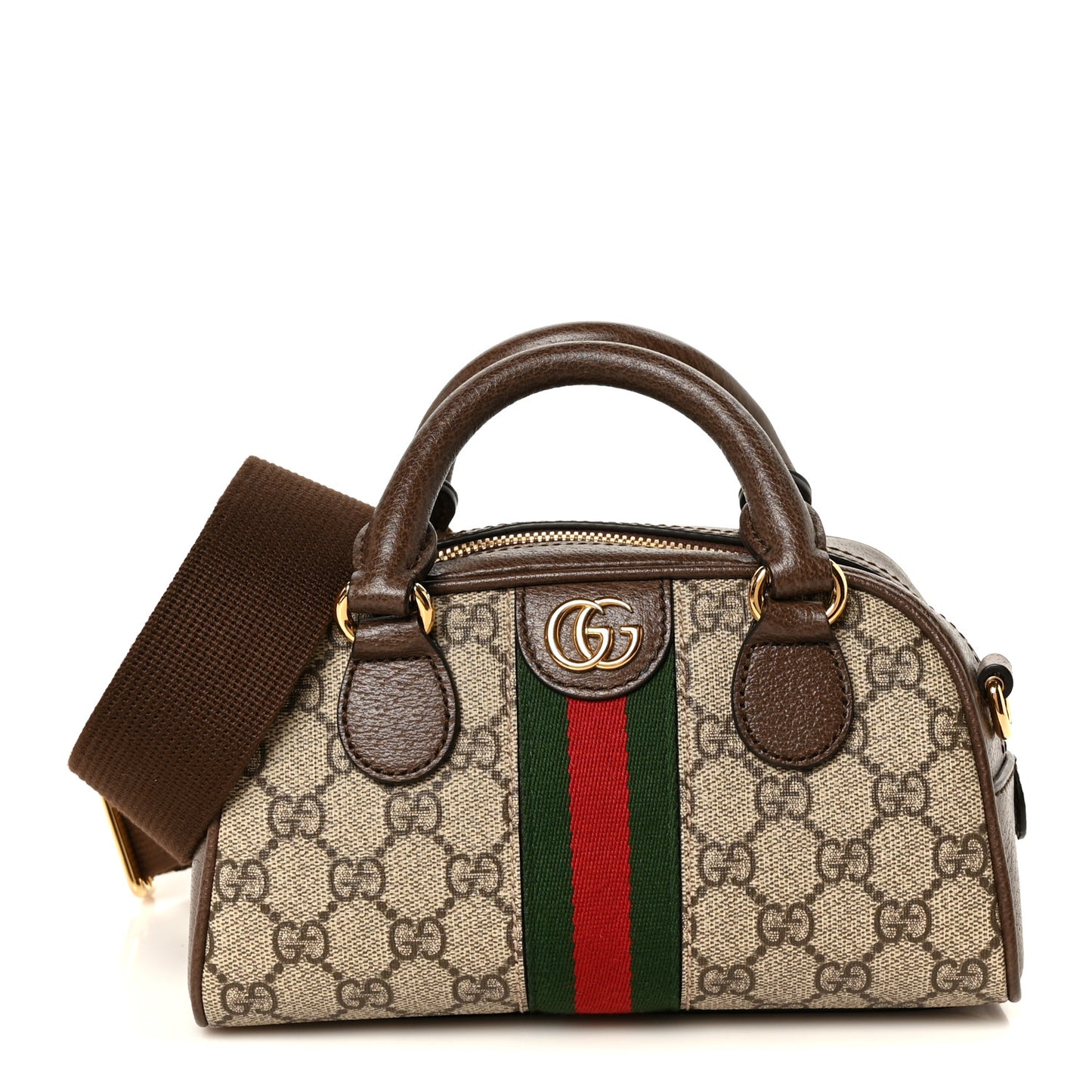 GG Supreme Monogram Textured Dollar Calfskin Web Mini Ophidia Top Handle Bowler Bag Beige Ebony New Acero