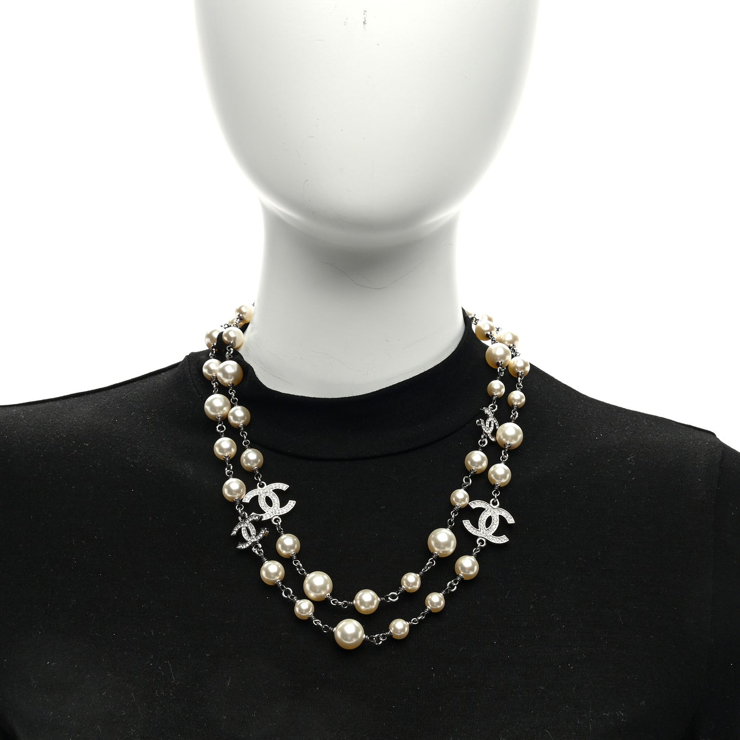 Graduated Pearl Crystal CC Long Necklace Silver