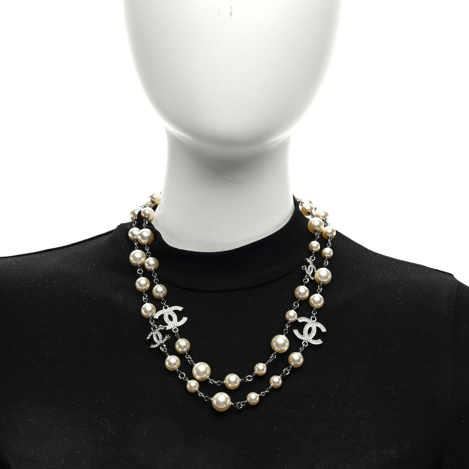 Chanel Graduated Pearl Crystal CC Long Necklace Silver 3 of 4