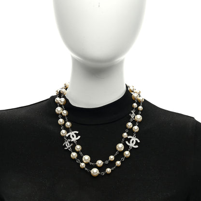 Chanel Graduated Pearl Crystal CC Long Necklace Silver 3 of 4