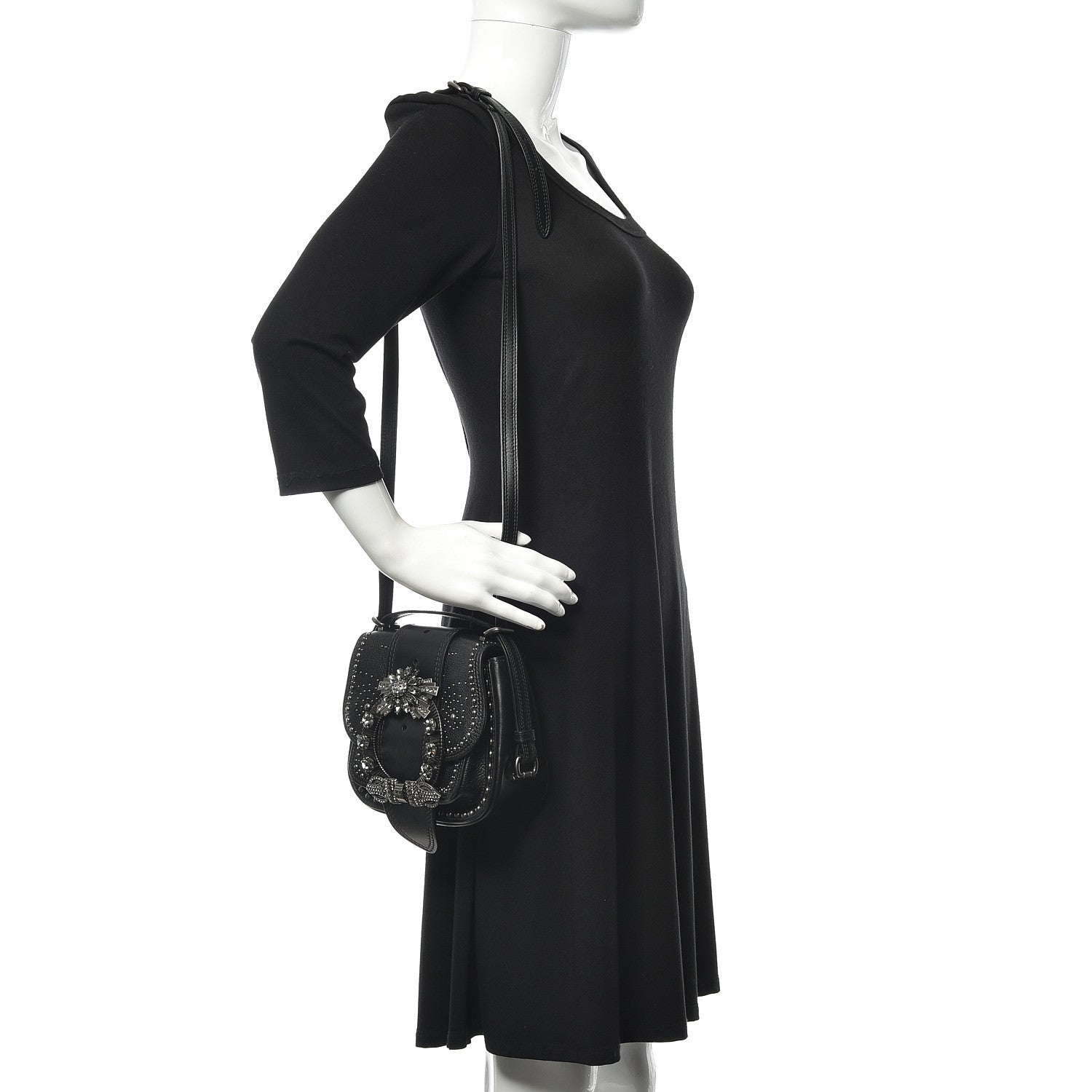 Miu Miu Goatskin Madras Soft Calfskin Crystal Embellished Lady Saddle Black 2 of 12