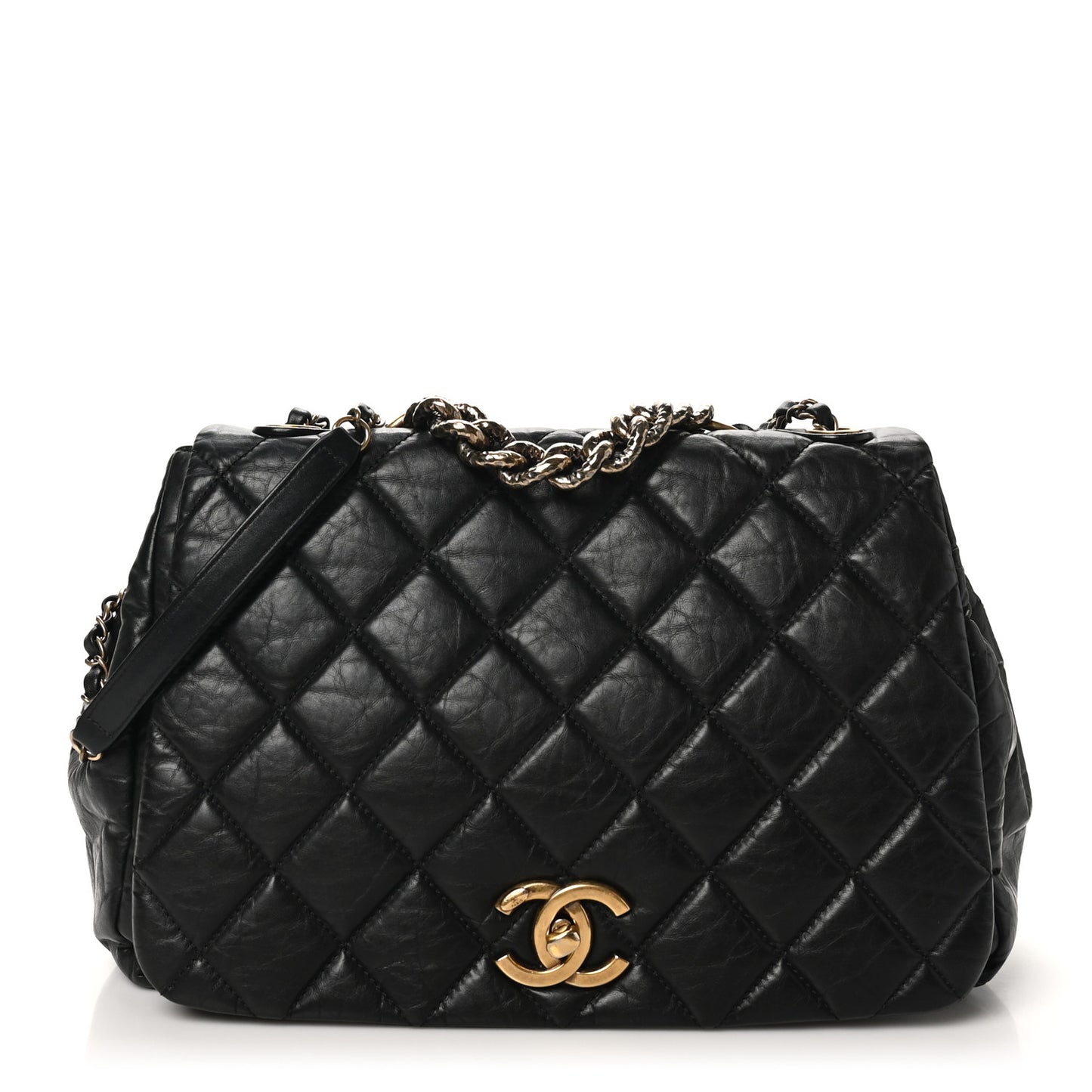 Aged Calfskin Quilted Large Pondichery Flap Black