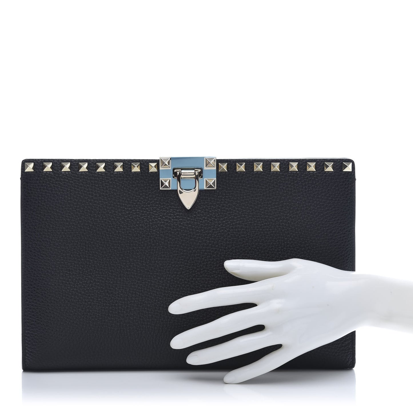 Pebbled Calfskin Rockstud Flip Lock Clutch Wallet Black