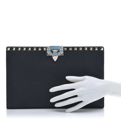 Valentino Garavani Pebbled Calfskin Rockstud Flip Lock Clutch Wallet Black 2 of 10