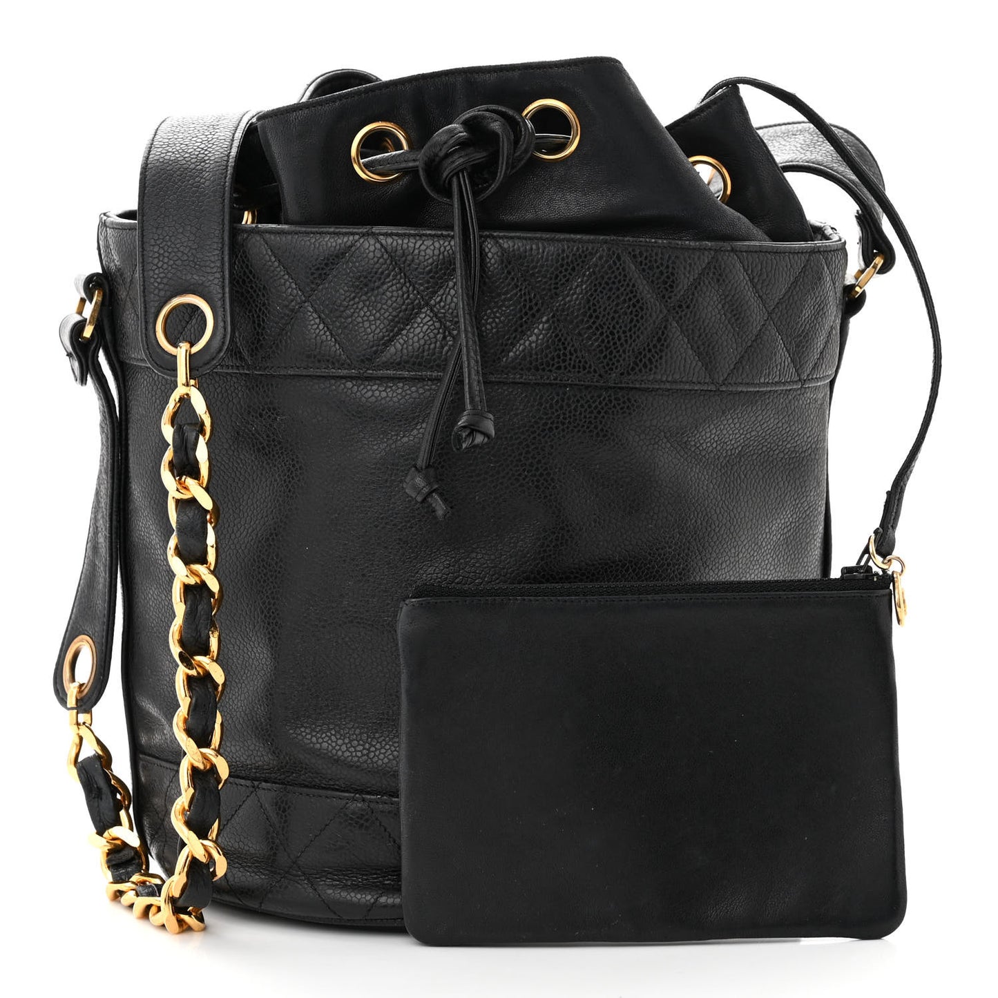 Caviar Drawstring Bucket Shoulder Bag Black