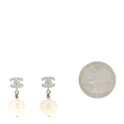 Chanel Crystal Pearl CC Drop Earrings Silver Pearly White 2 of 4