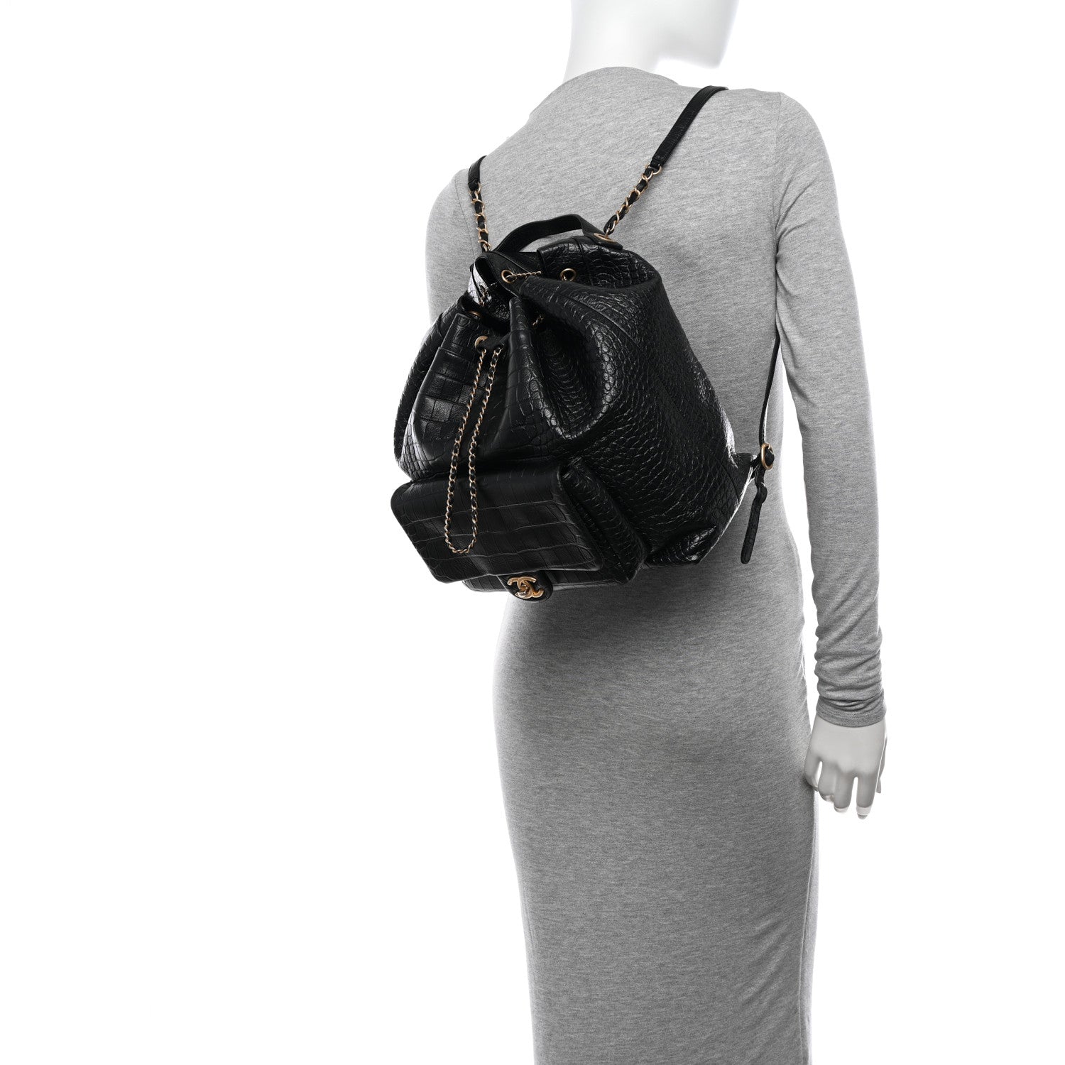 Chanel Calfskin Crocodile Embossed Large Backpack Black 2 of 10