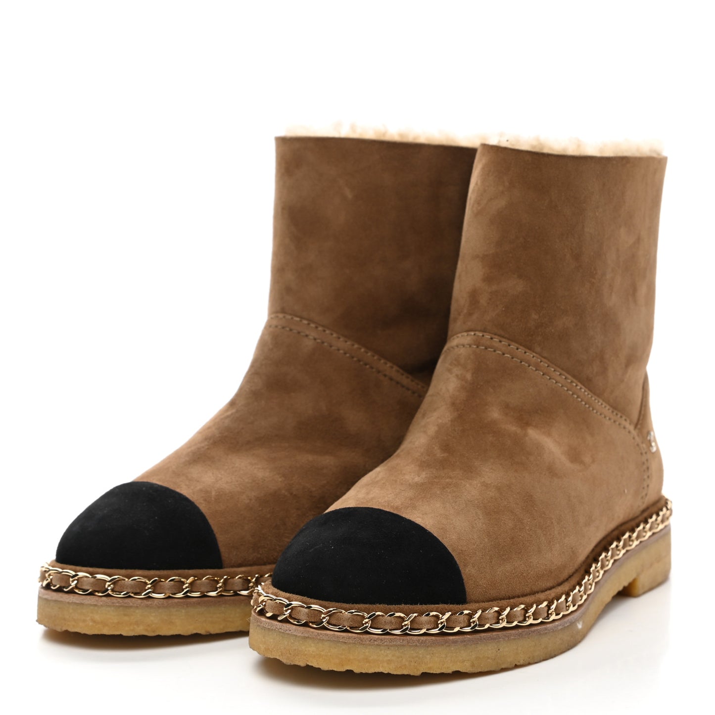 Kid Suede Shearling Womens Cap Toe Chain Short Boots 36.5 Light Brown Black