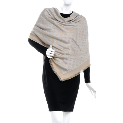 Louis Vuitton Silk Wool Monogram Shine Shawl Charcoal Greige 2 of 7