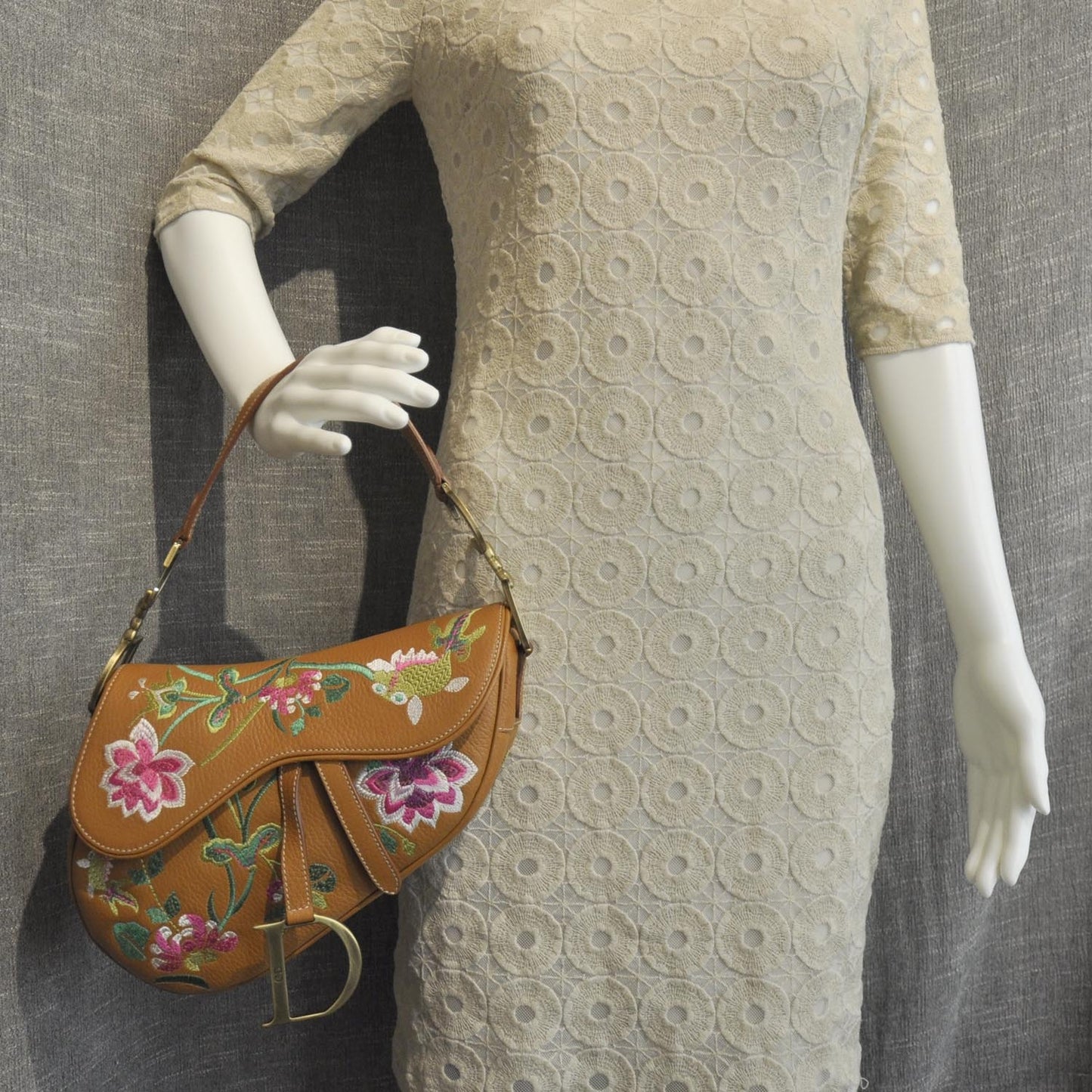 Grained Calfskin Floral Embroidered Saddle Bag Beige