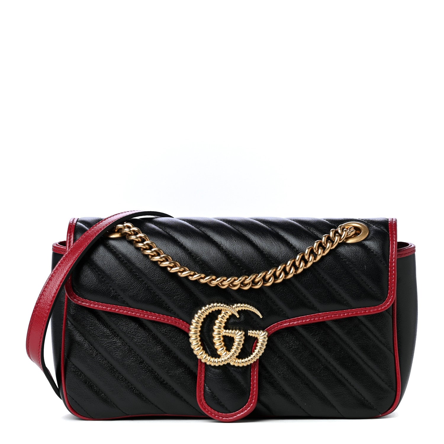Gucci Vintage Effect Calfskin Matelasse Diagonal Small Torchon GG Marmont Shoulder Bag Black Romantic Cherry 1 of 4