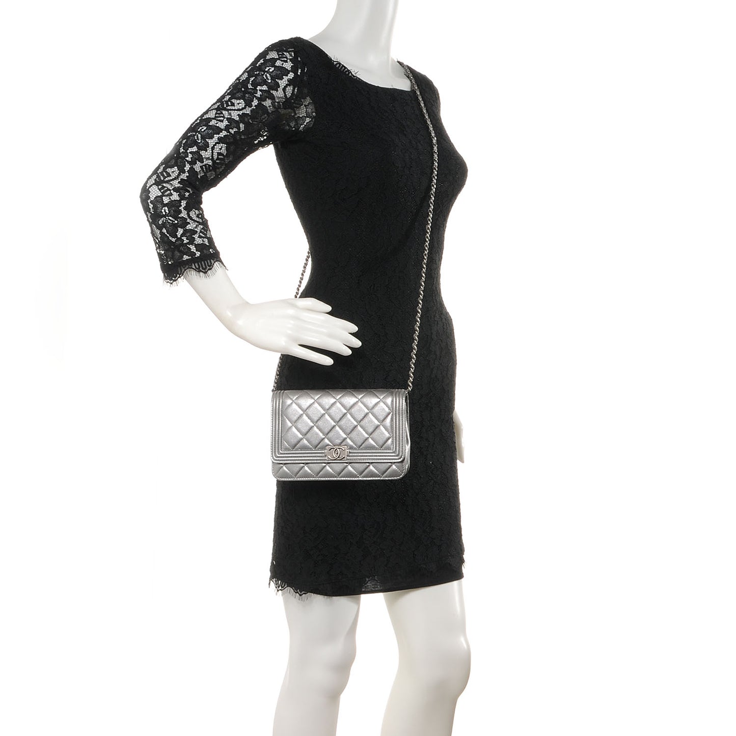 Metallic Calfskin Quilted Boy Wallet On Chain WOC Silver