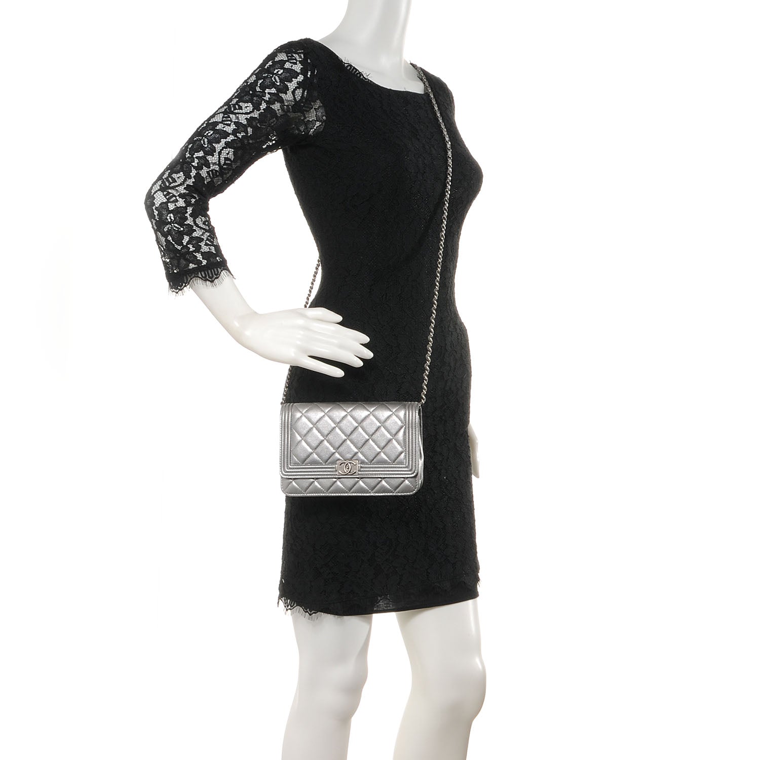 Chanel Metallic Calfskin Quilted Boy Wallet On Chain WOC Silver 2 of 8