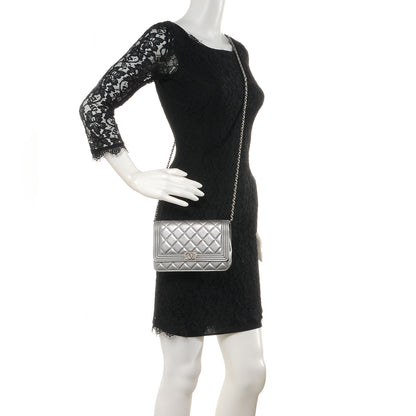 Chanel Metallic Calfskin Quilted Boy Wallet On Chain WOC Silver 2 of 8