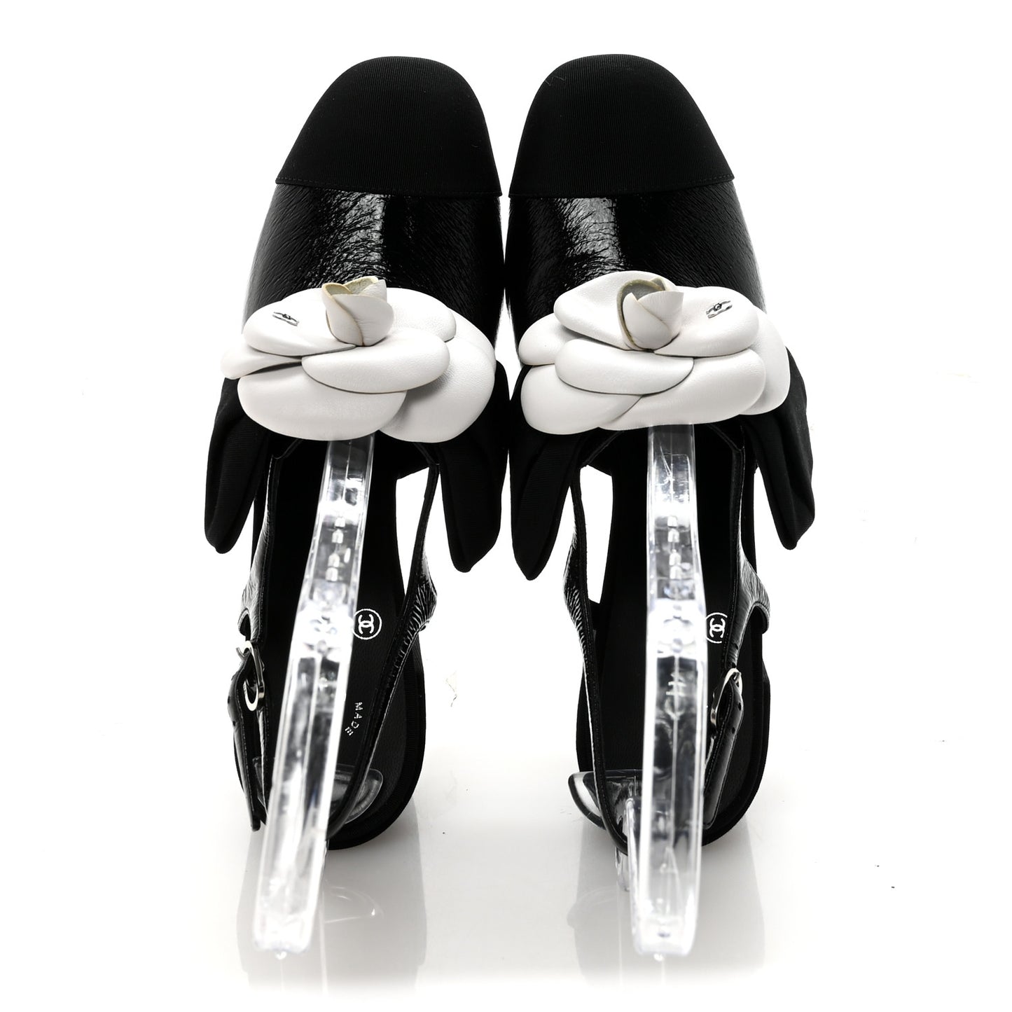 Crumpled Shiny Fabric Grosgrain Cap Toe Camellia Bow Slingback Pumps 39 Black
