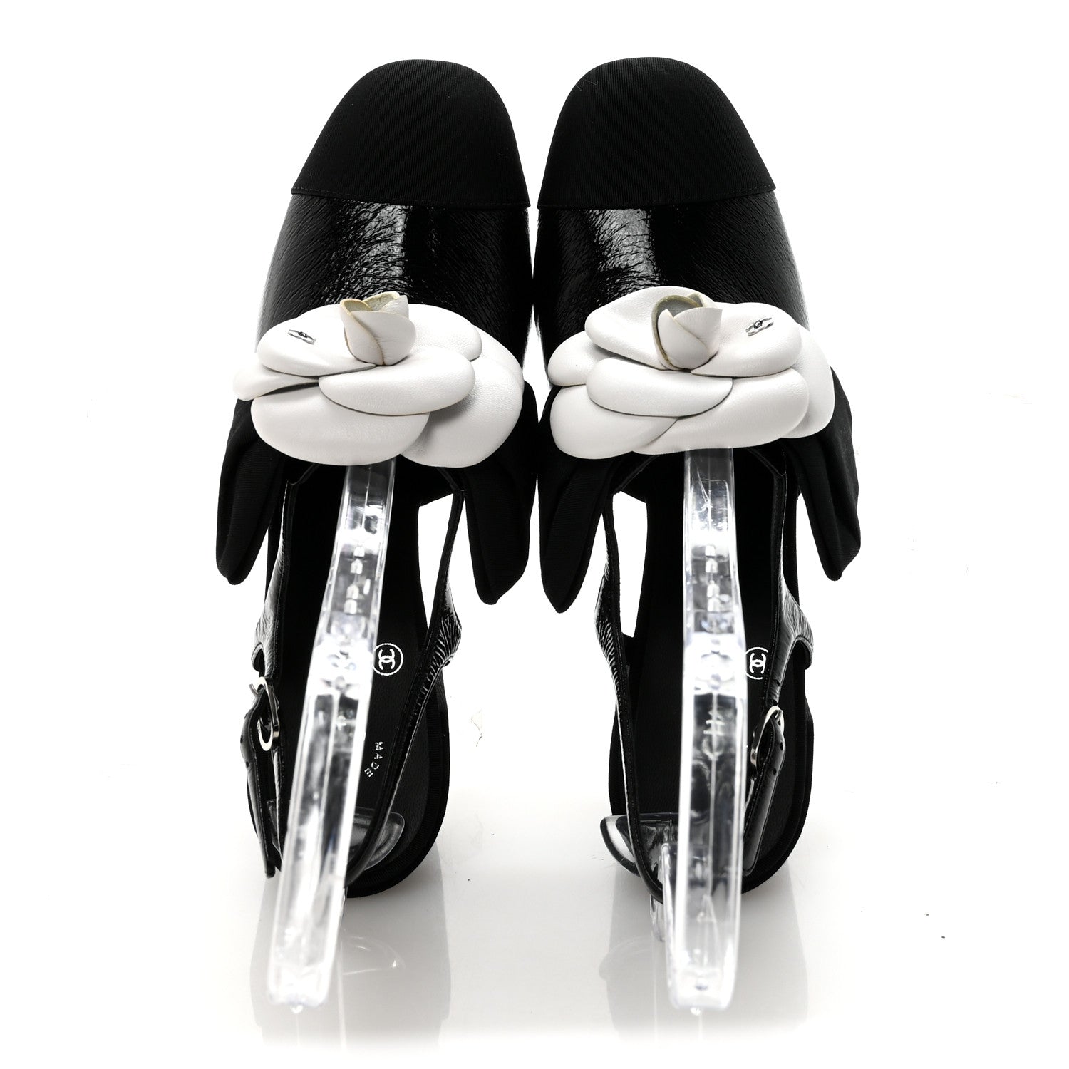 Chanel Crumpled Shiny Fabric Grosgrain Cap Toe Camellia Bow Slingback Pumps 39 Black 3 of 18