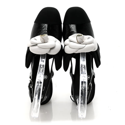 Chanel Crumpled Shiny Fabric Grosgrain Cap Toe Camellia Bow Slingback Pumps 39 Black 3 of 18