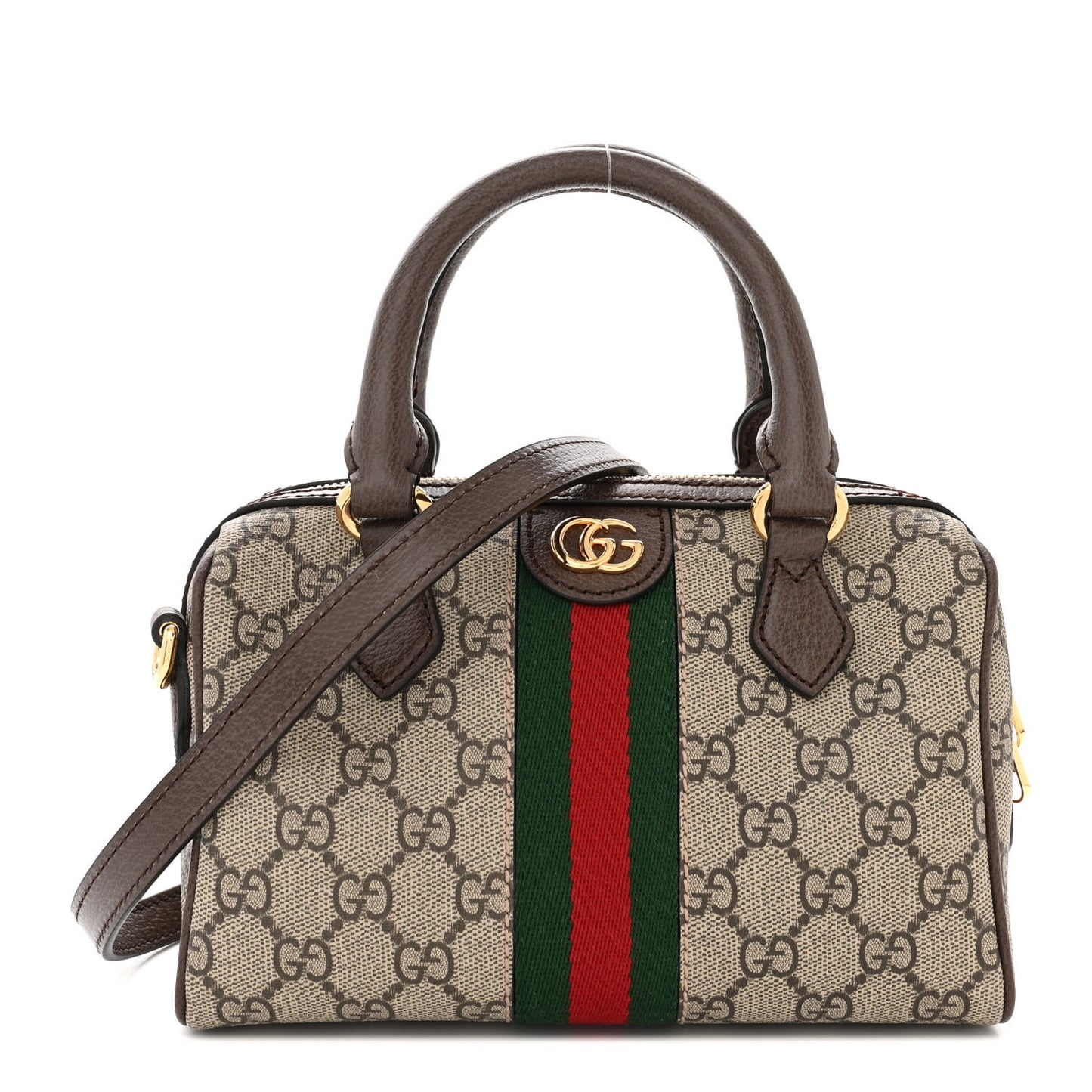 GG Supreme Monogram Textured Dollar Calfskin Web Mini Ophidia Top Handle Bag Beige Ebony New Acero