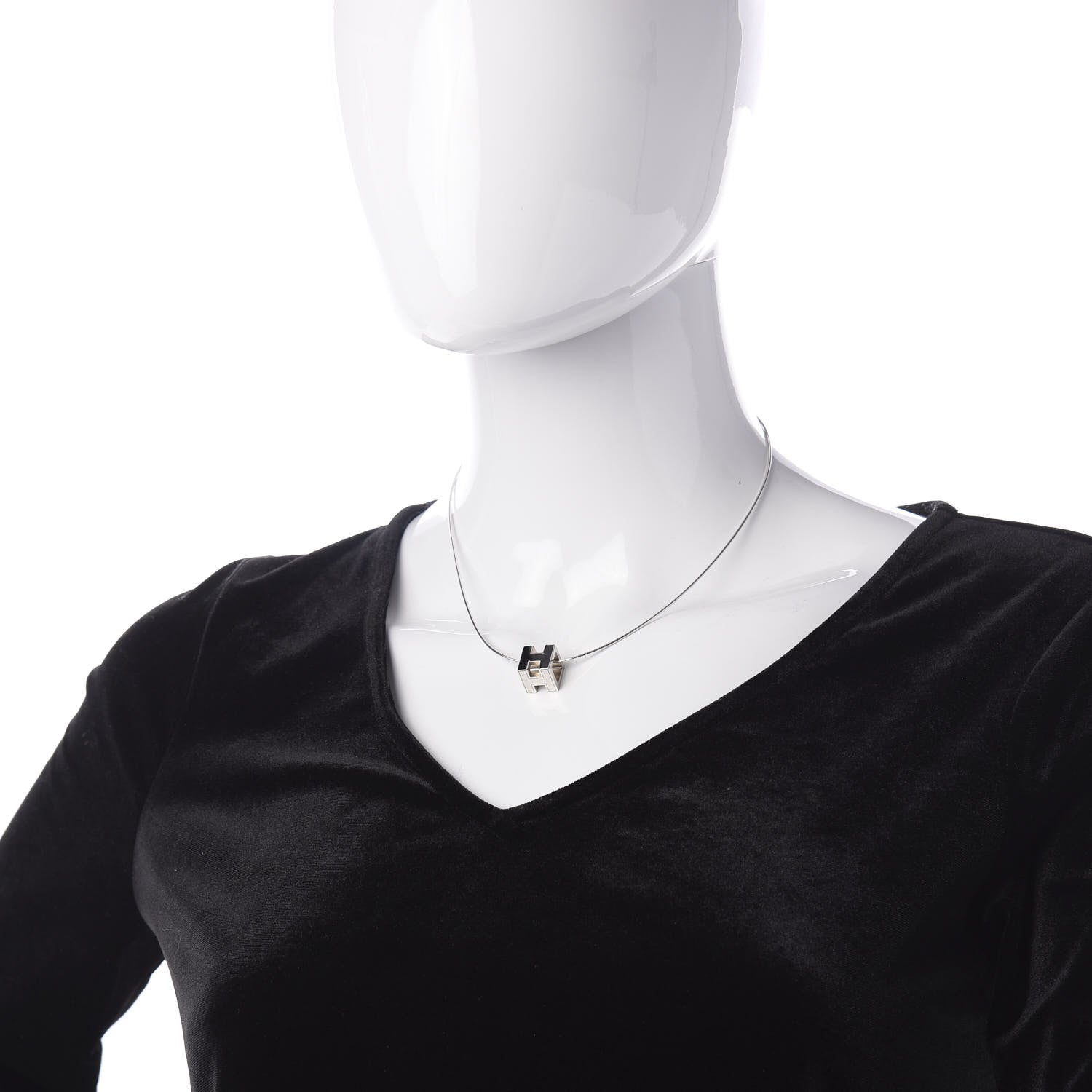 Hermes Lacquered Palladium Cage d'H Pendant Necklace Black 2 of 6