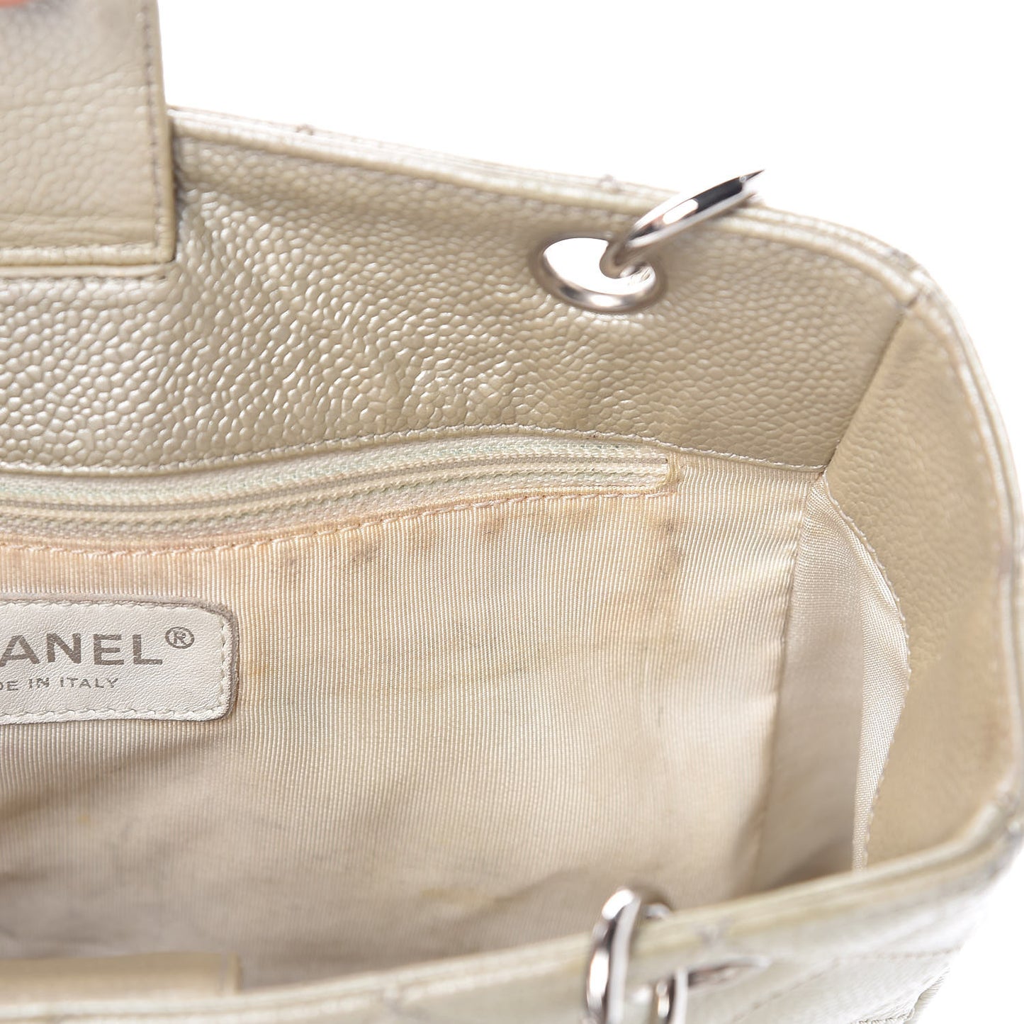Metallic Caviar Quilted Petit Shopping Tote PST Pearl