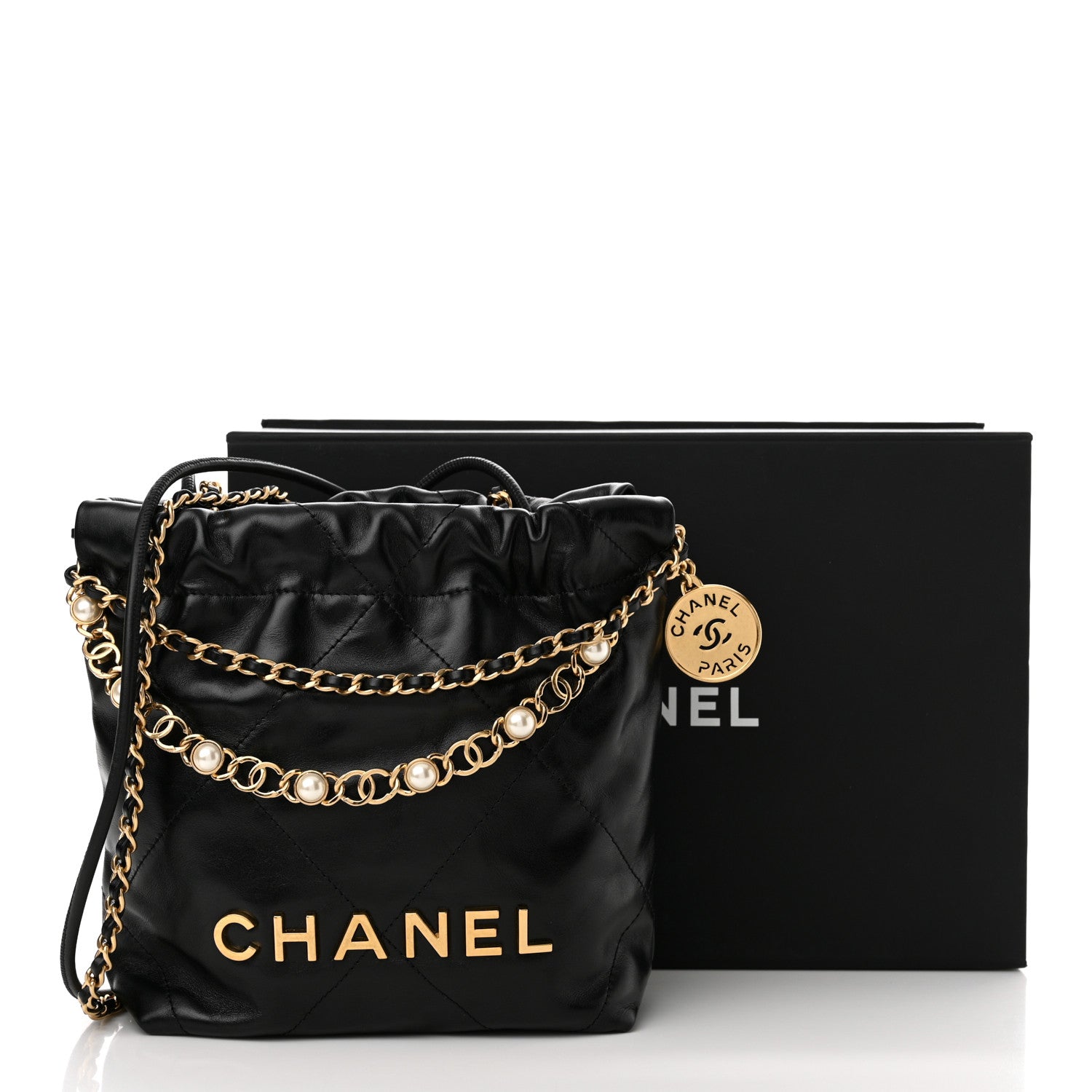 Chanel Shiny Calfskin Quilted Pearl CC Chain Mini Chanel 22 Black 11 of 11