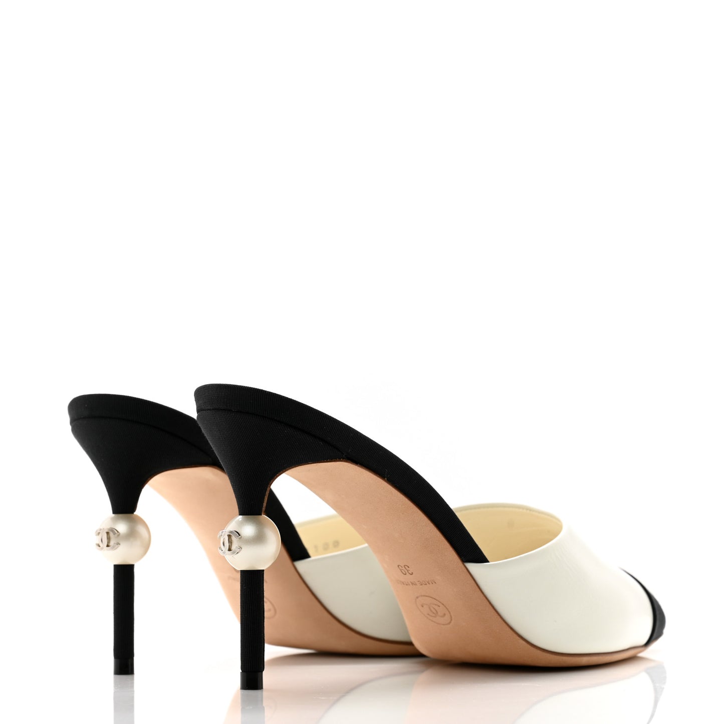 Patent Lambskin Grosgrain Cap Toe Pearl Mule 39 Ecru Black
